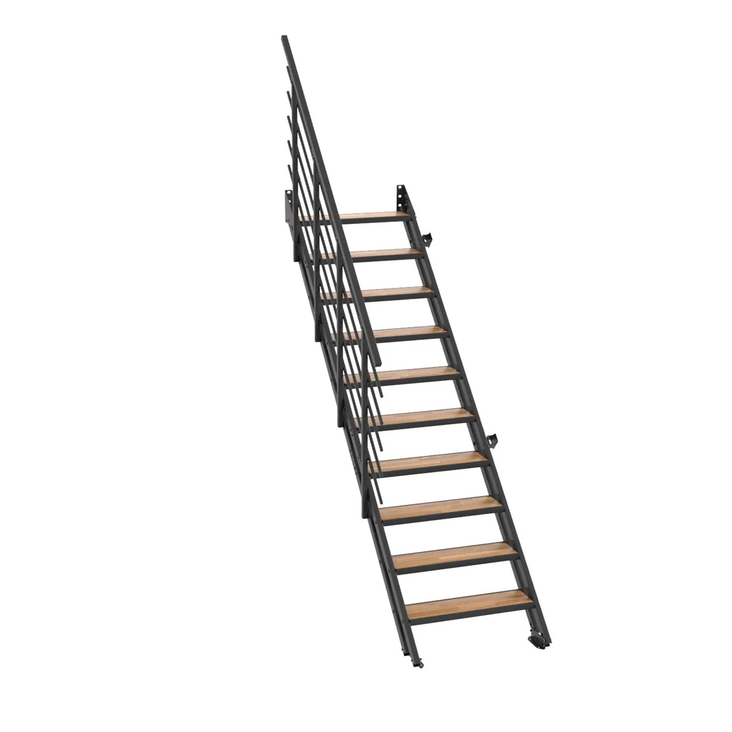 Minka Raumspartreppe Flex Hybrid, schwarz, 10 Stufen mit Eichen-Design. Moderne Metalltreppe für Innenräume.