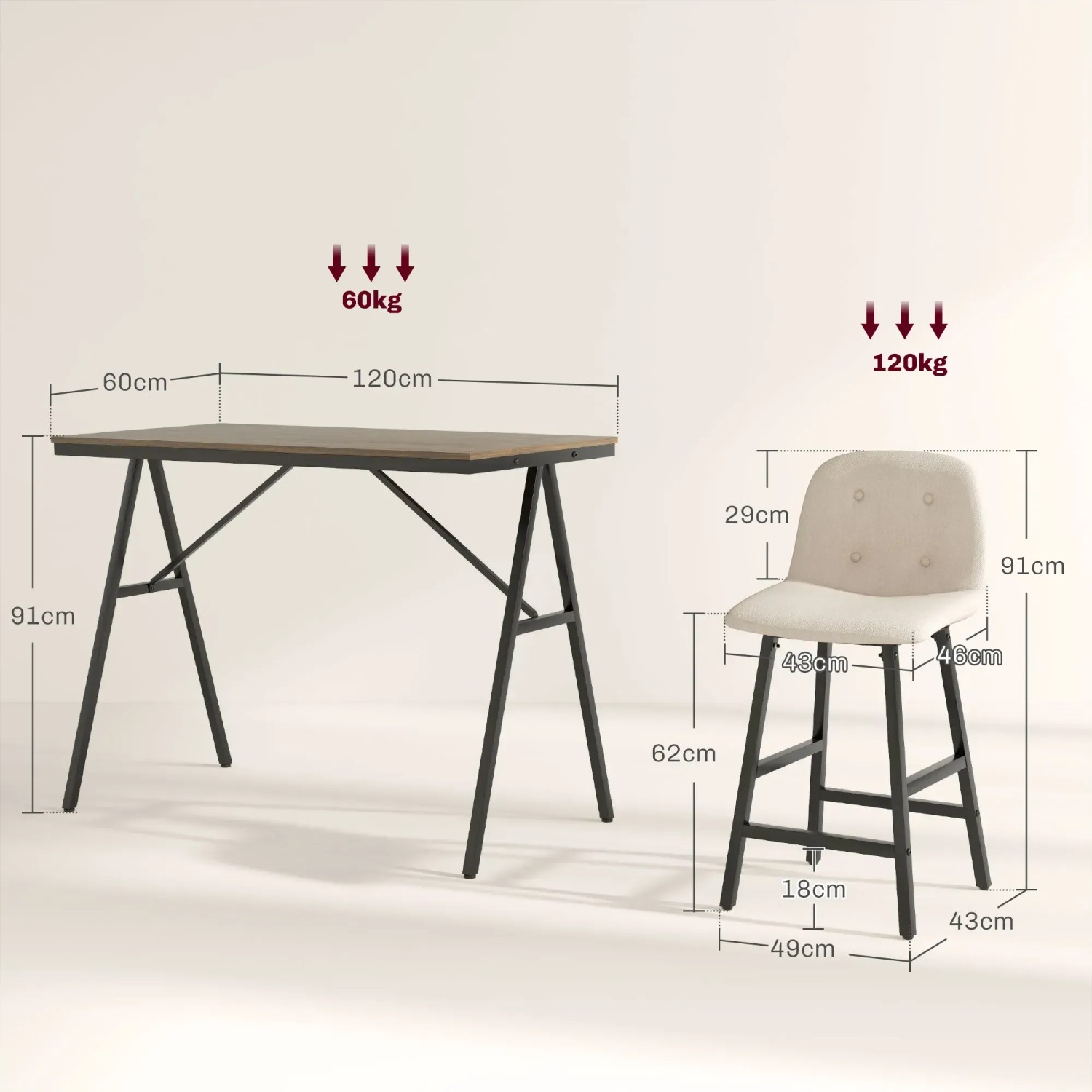 HOMCOM Bartisch mit Barhocker Set, 5-teilig, beige, Maße: 120x60x91 cm.