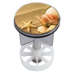 Waschbeckenstöpsel mit Muschelsucher Dekor, 38-40mm, mit Sand, Seestern und Muscheln.