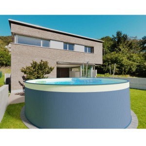 Runder, anthrazitfarbener Stahlwandpool (450x90cm) von Waterman mit beiger Folie im Garten.