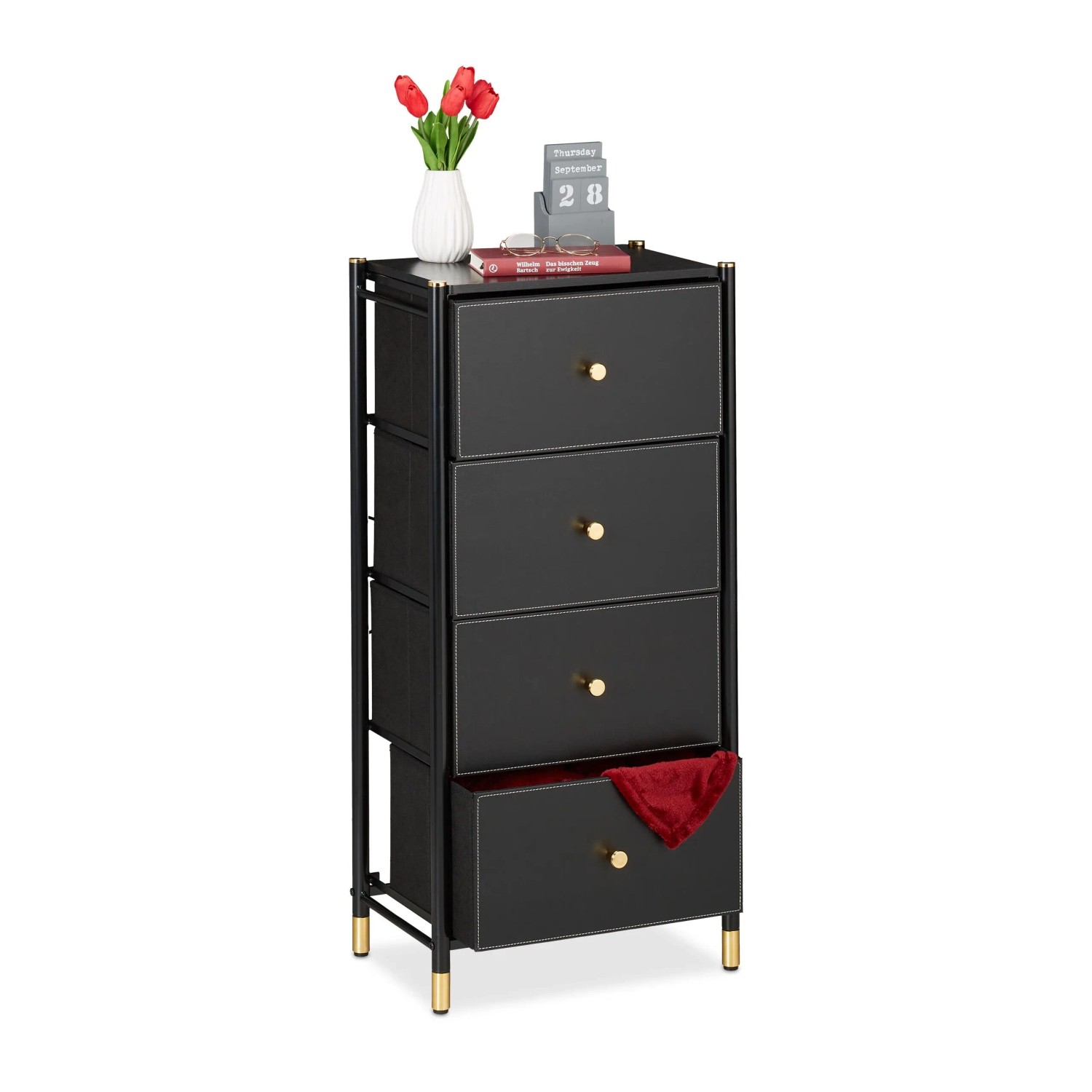 Relaxdays Kommode Stahl MDF Schwarz Höhenverstellbar mit 4 Schubladen 98,5 cm x 46 cm x 30 cm 8,3 kg