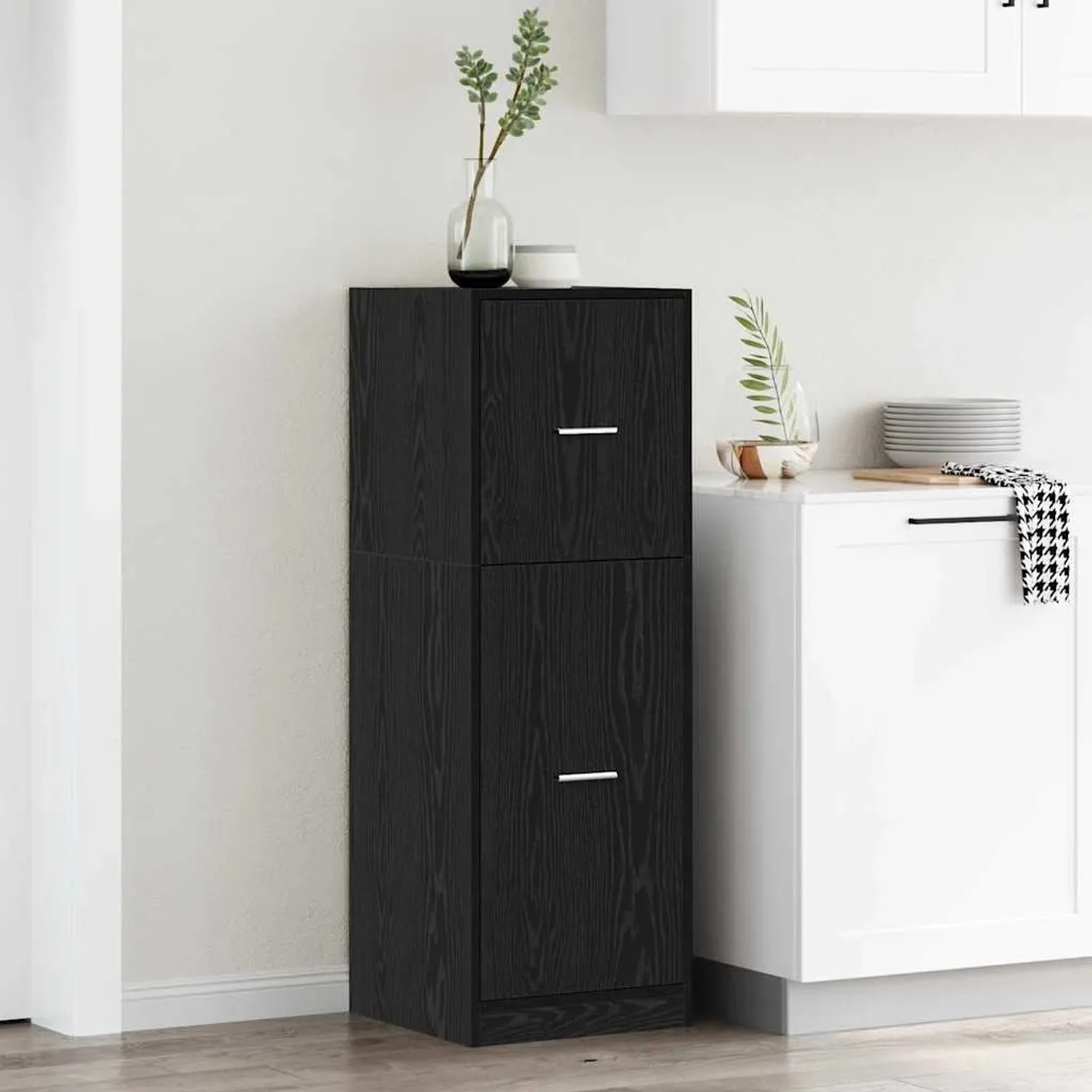 vidaXL Apothekerschrank in Schwarz Eiche mit zwei Schubladen, passend für Wohnzimmer.