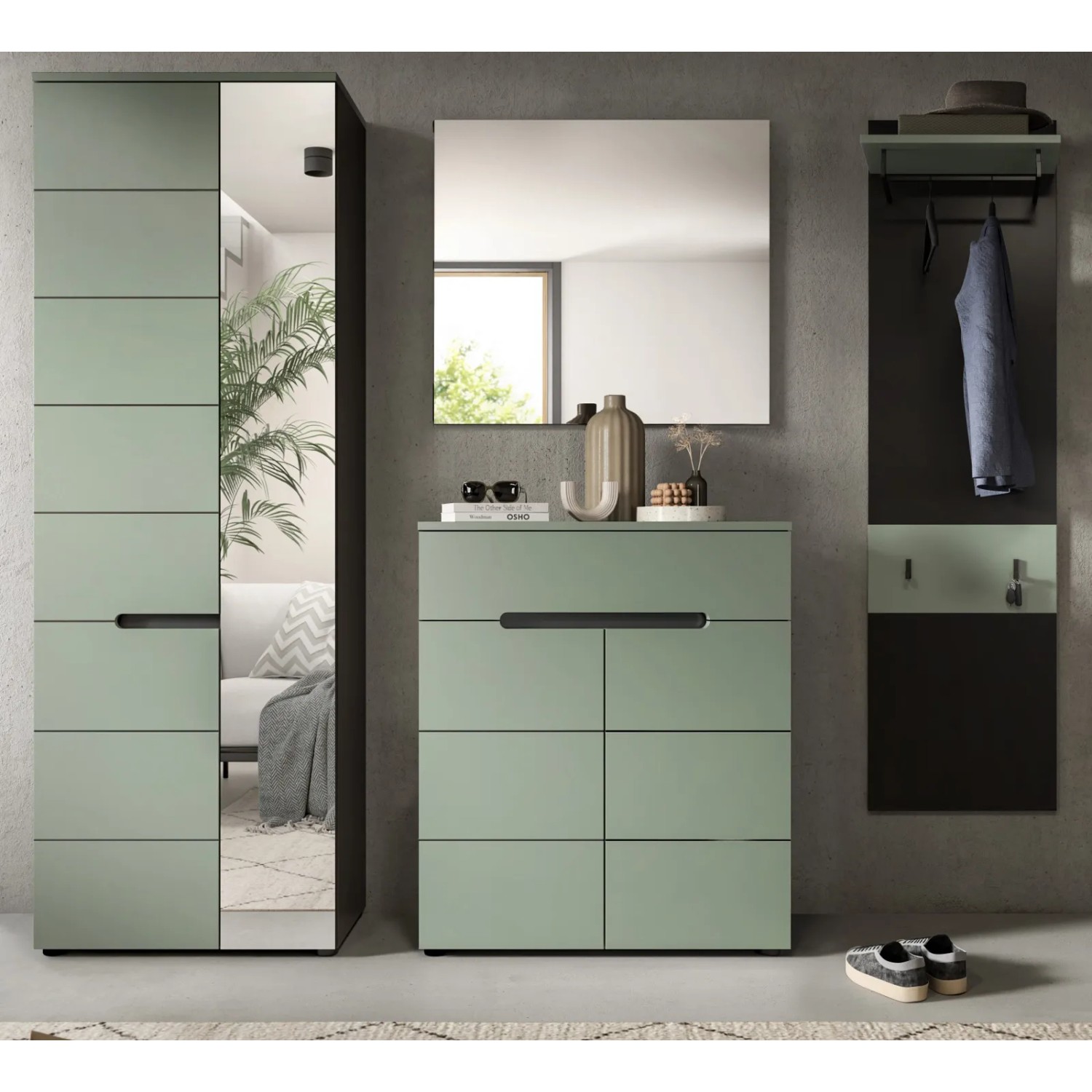 4-teiliges Garderoben-Set in Salbei und Grau: Schrank, Kommode, Spiegel und Paneel. Komplett für den Flur.