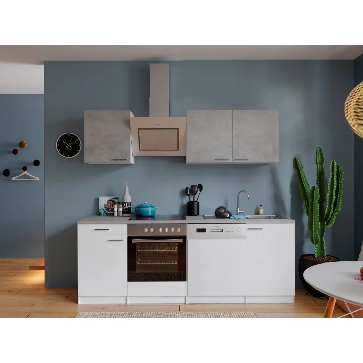 Respekta Economy Küchenzeile KB220WWBSC, 220 cm, Weiß und Beton Optik mit E-Geräten.