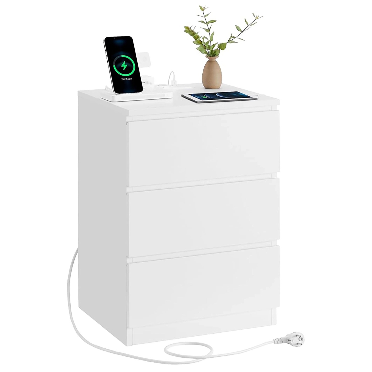 Songmics Nachttisch Kailyn mit Steckdosenleiste 3 Schubladen Weiß