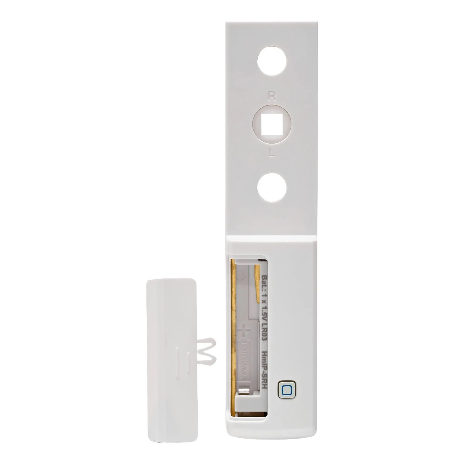 Weißer HmIP Fenstergriffsensor mit geöffnetem Batteriefach für Hausautomation.