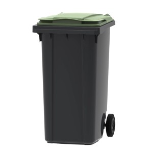 PROREGAL Mülltonne 240L, grau mit grünem Deckel, mit Rädern.