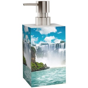 Sanilo Seifenspender Wasserfall mit Edelstahlpumpe und Wasserfall-Motiv.