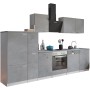 Respekta Küchenblock Malia 310 cm in Betonoptik mit E-Geräten: Herd, Spüle, Geschirrspüler, Kühlschrank und Dunstabzugshaube.