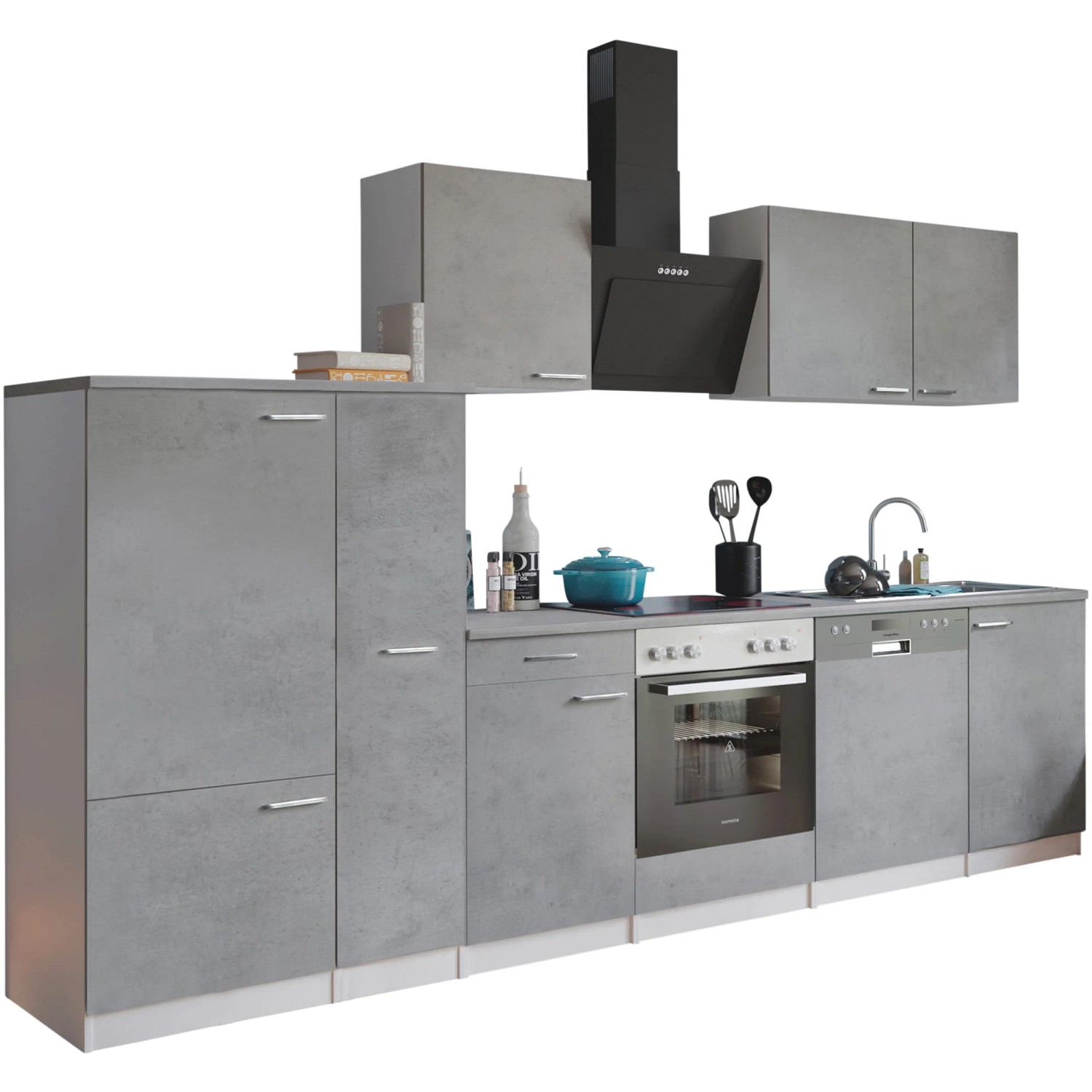 Respekta Küchenblock Malia 310 cm in Betonoptik mit E-Geräten: Herd, Spüle, Geschirrspüler, Kühlschrank und Dunstabzugshaube.