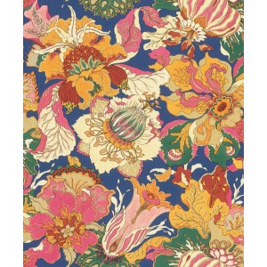Rasch Vliestapete Barbara Home Coll. III 560459 mit buntem Blumenmuster auf blauem Grund.