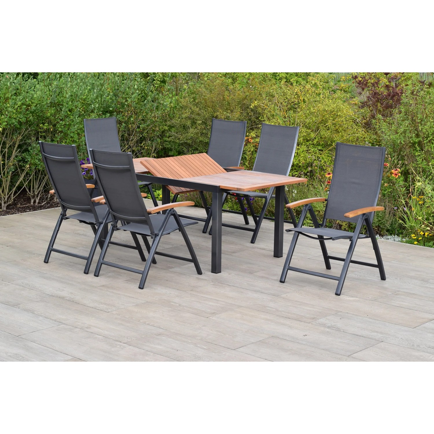 Merxx Gartenmöbelset Toblino, 7-teilig mit Klappsesseln und Ausziehtisch aus Akazie.