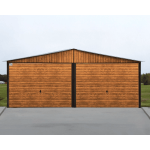 Liderstal Gerätehaus Standard aus Blech 600 x 500 cm Satteldach Holzoptik Goldene Eiche/Walnut