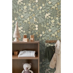 ESTAhome Tapete Blumen und Vögel Graugrün 50 x 900 cm