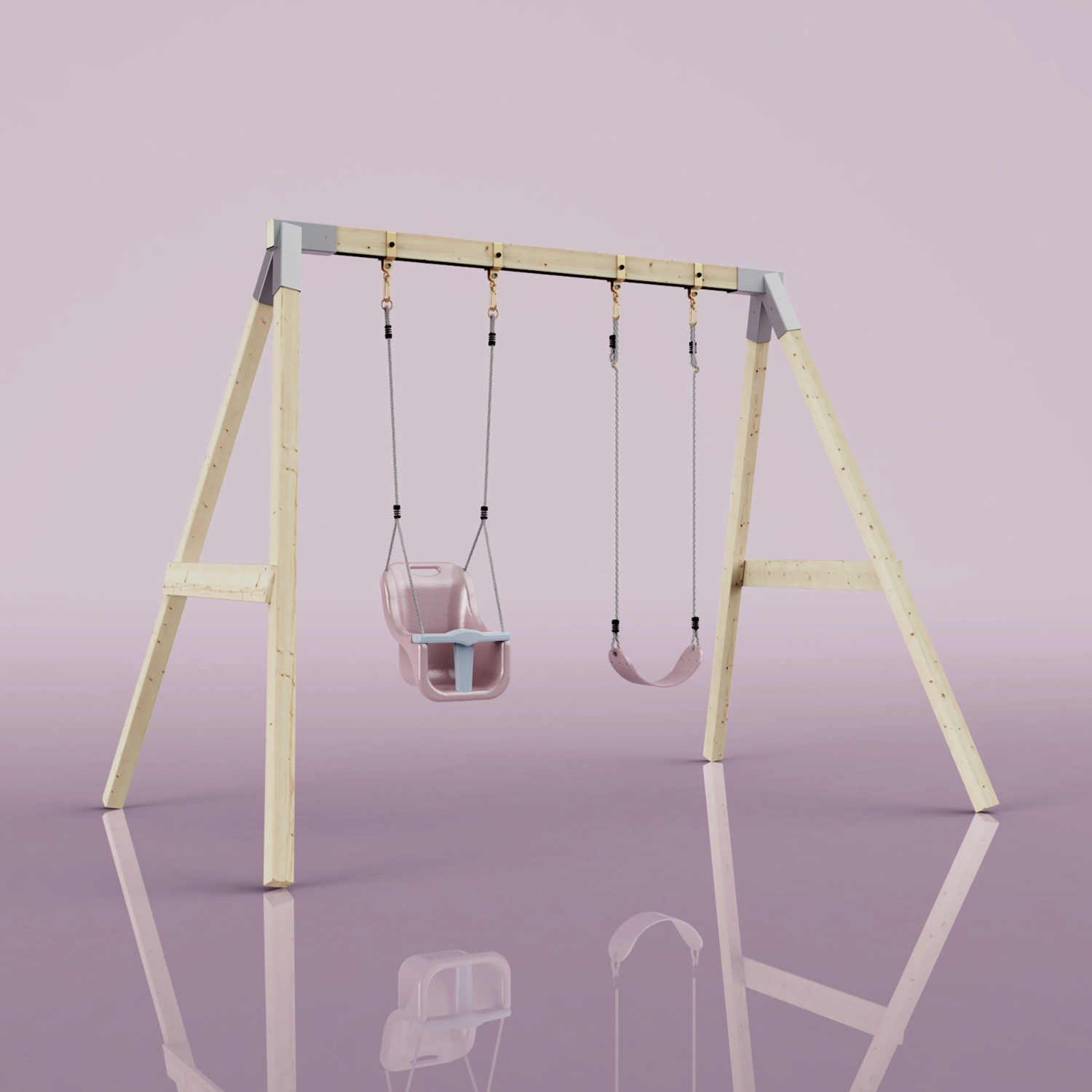 PolarPlay Schaukel Papagei in Altrosa mit Babyschaukel und normaler Schaukel.