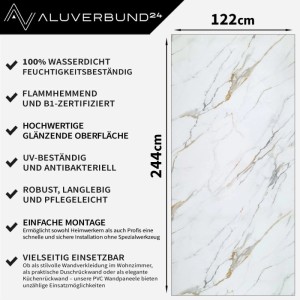 Aluverbund24 PVC Wandpaneel Carrara Gold Marmor-Optik, 122x244cm, für Küche & Bad.