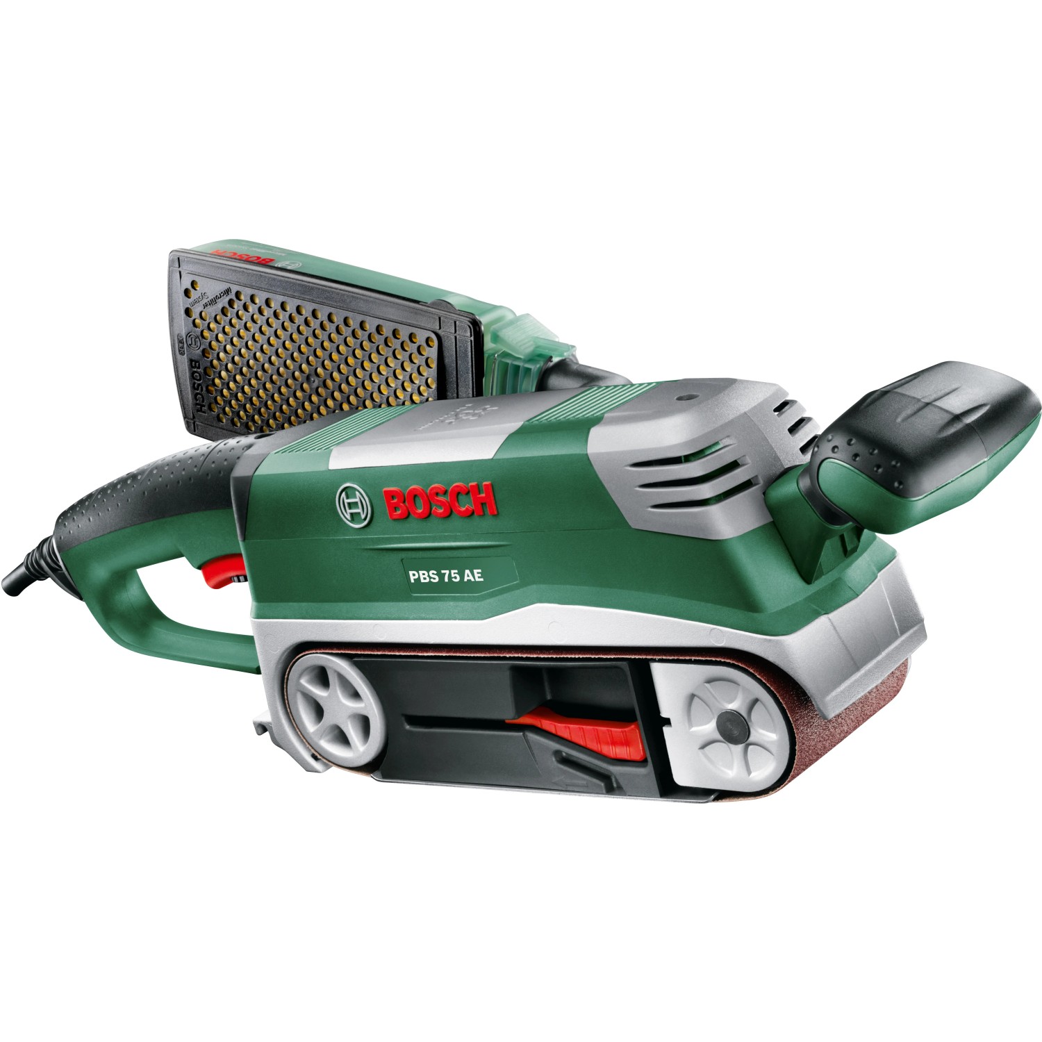 Bosch PBS 75 AE Bandschleifer Set mit Staubfilter, 750W, grün/grau.