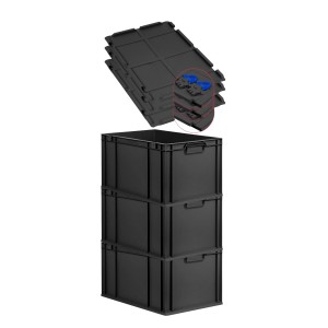 PROREGAL SuperSparSet 3x Eurobox Nextgen Grip Mit Scharnierdeckel Und Blauen Verschlüssen HxBxT 32x40x60cm 65 Liter Schwarz Griffe Geschlossen