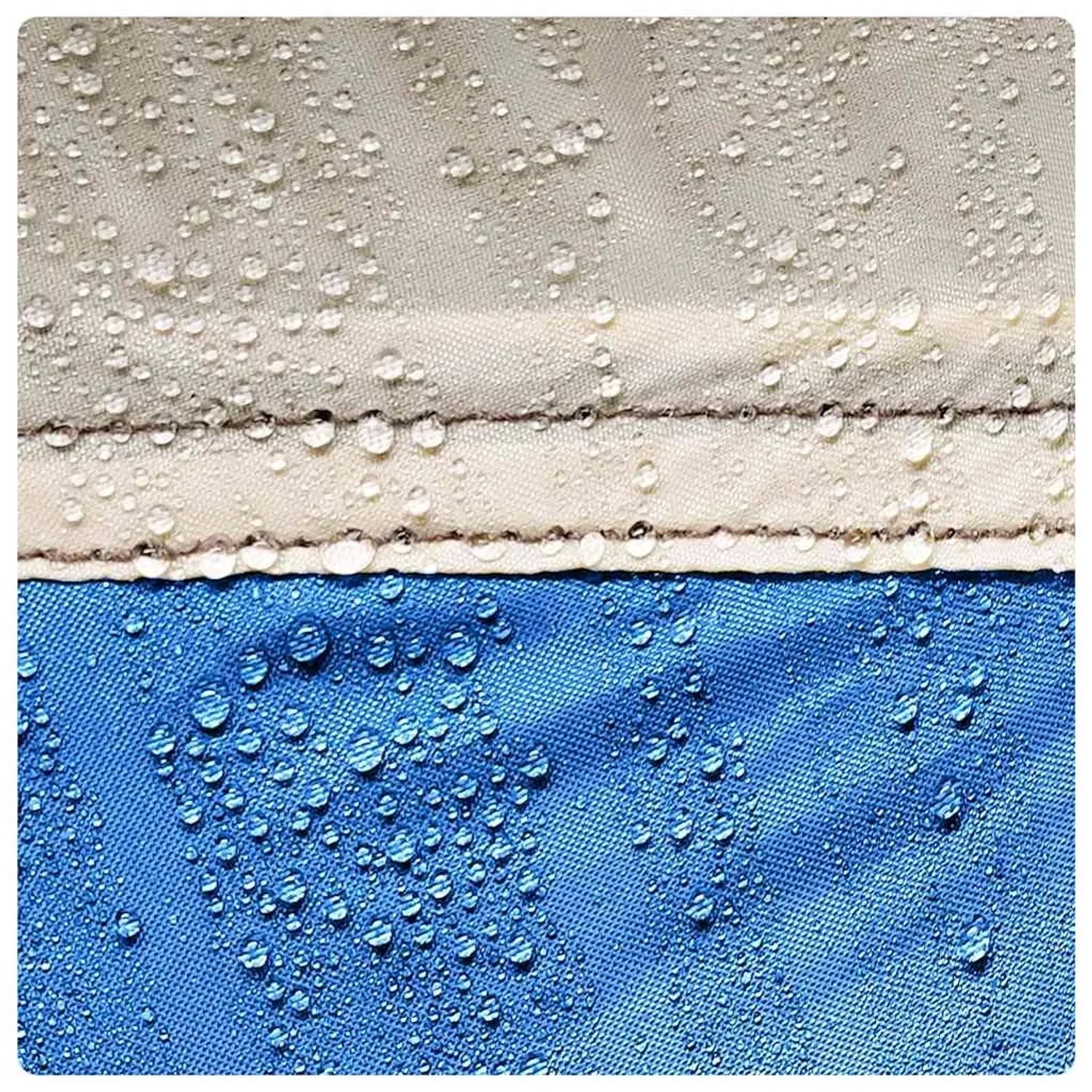 Detailaufnahme: Wasserdichtes, azurblaues Strandzelt Material mit Wassertropfen.
