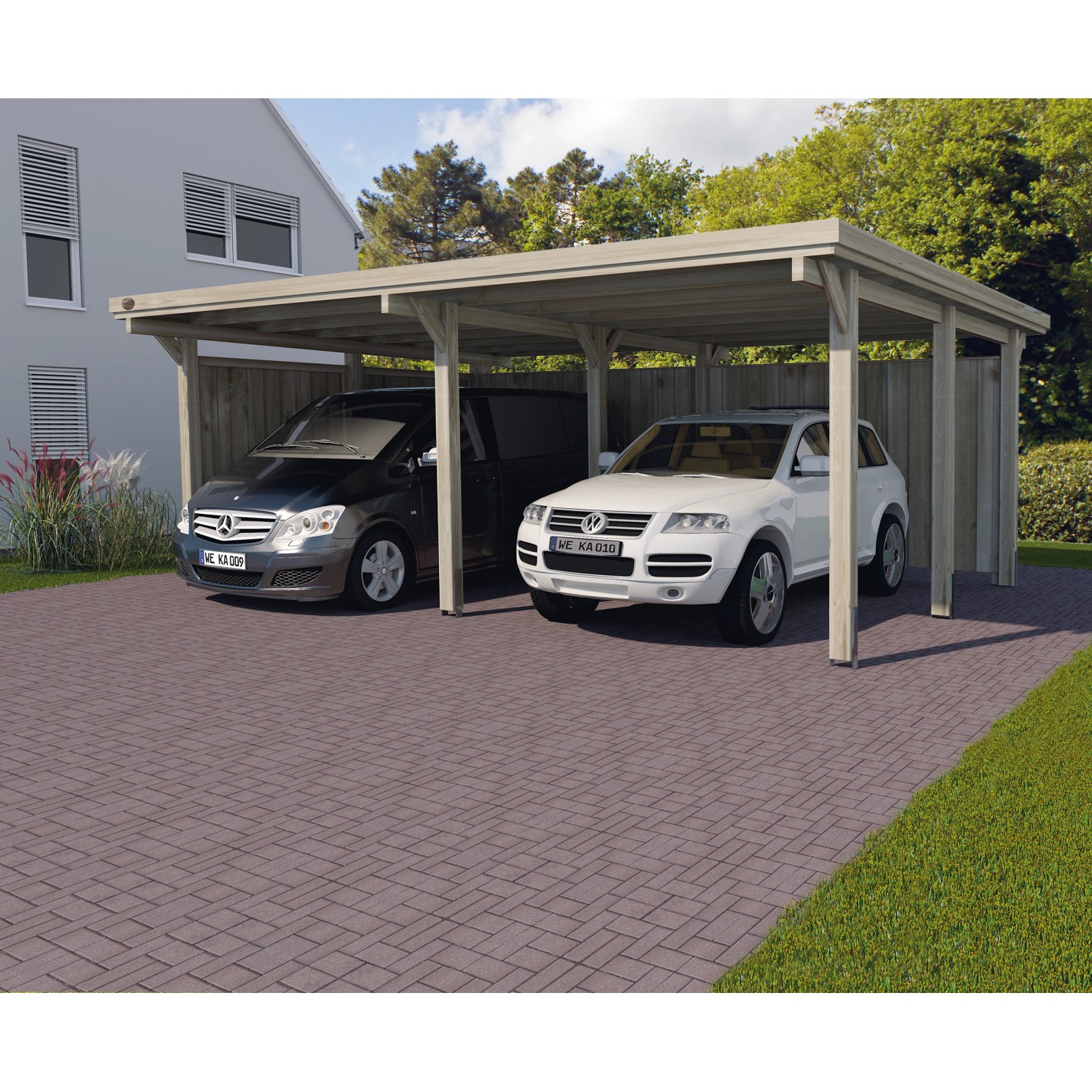 Weka Flachdach-Doppelcarport 618 Gr. 1 mit Trapezblech 603 cm x 512 cm