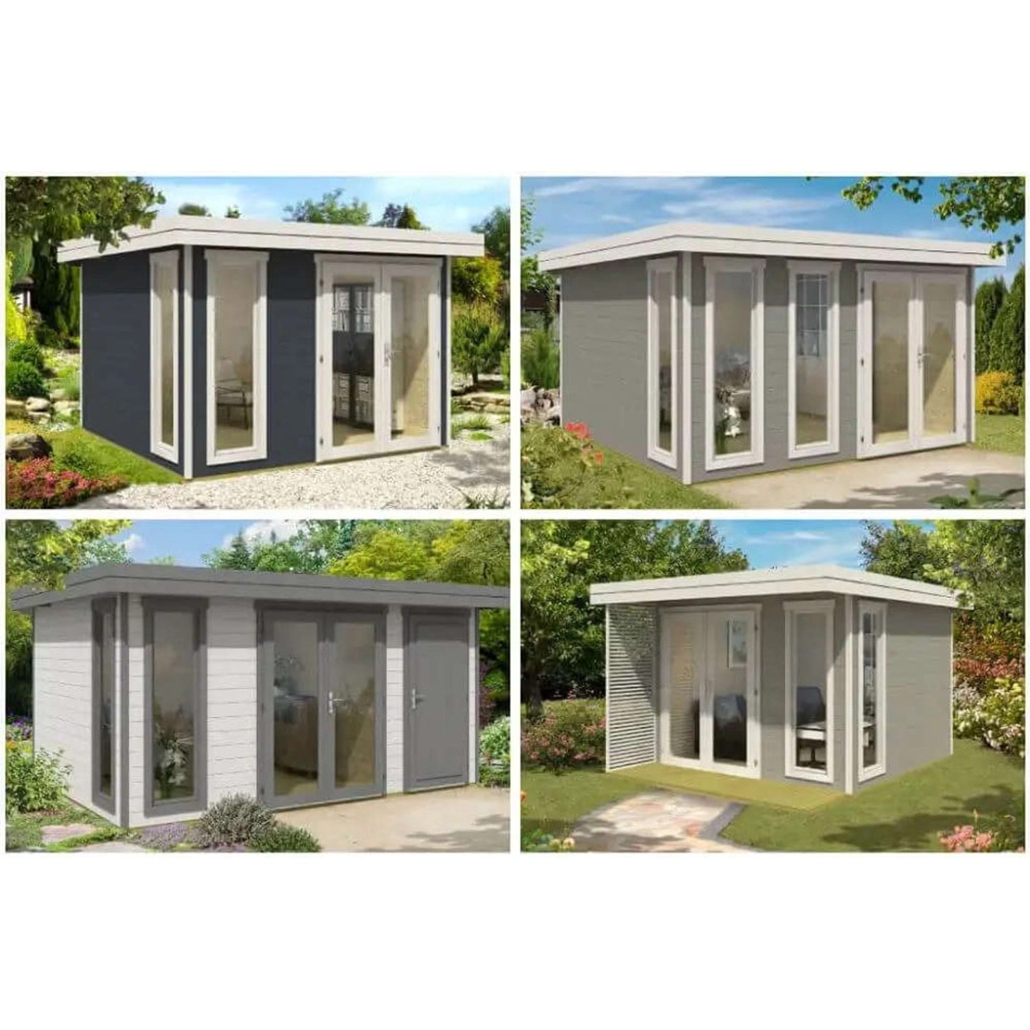 Alpholz Gartenhaus Aldo-28, verschiedene Farbvarianten des Holz-Gartenhauses mit Flachdach und Anbaudach.