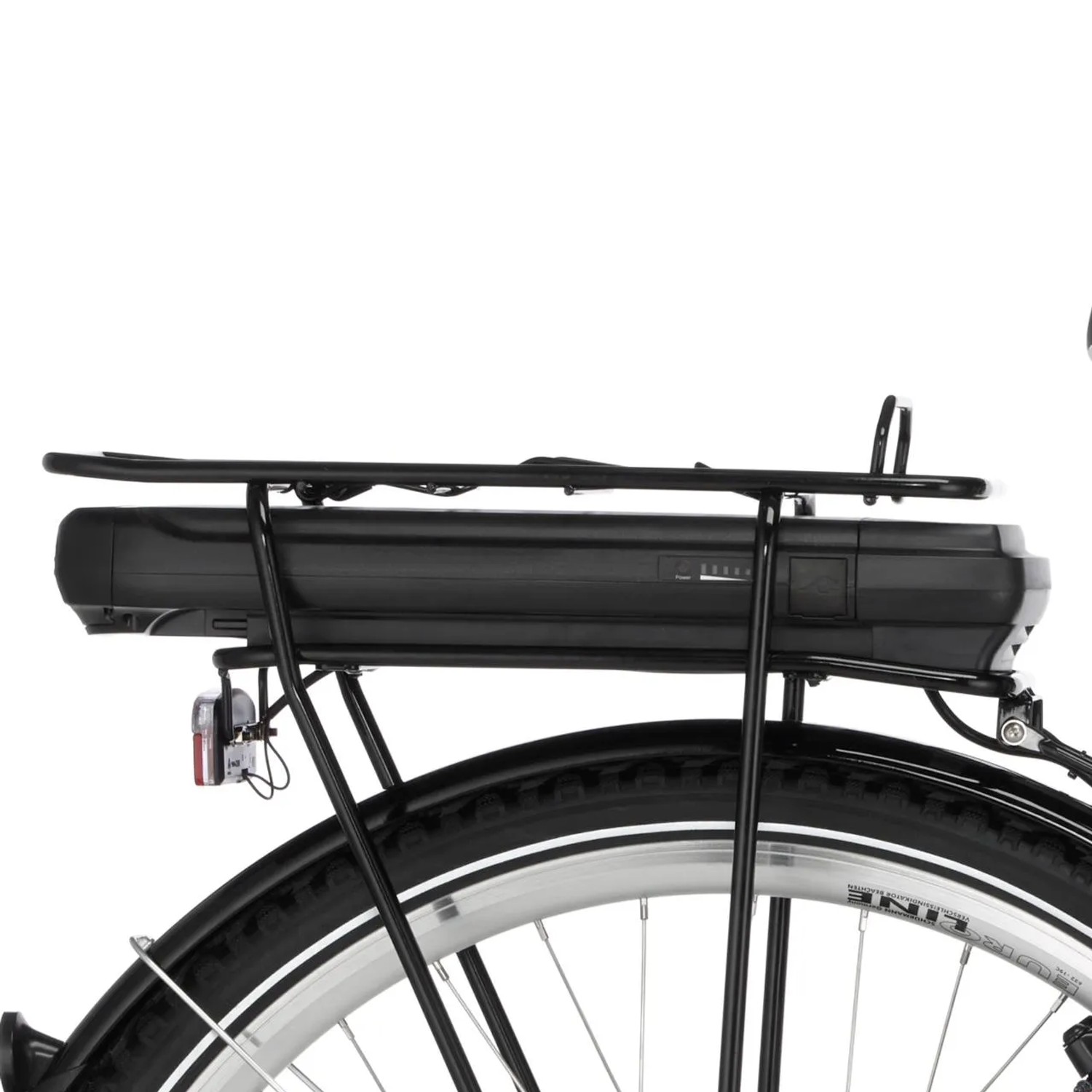 Detailaufnahme des Gepäckträgers mit Akku des Fischer Cita 2.0 E-Bike City-Fahrrads.