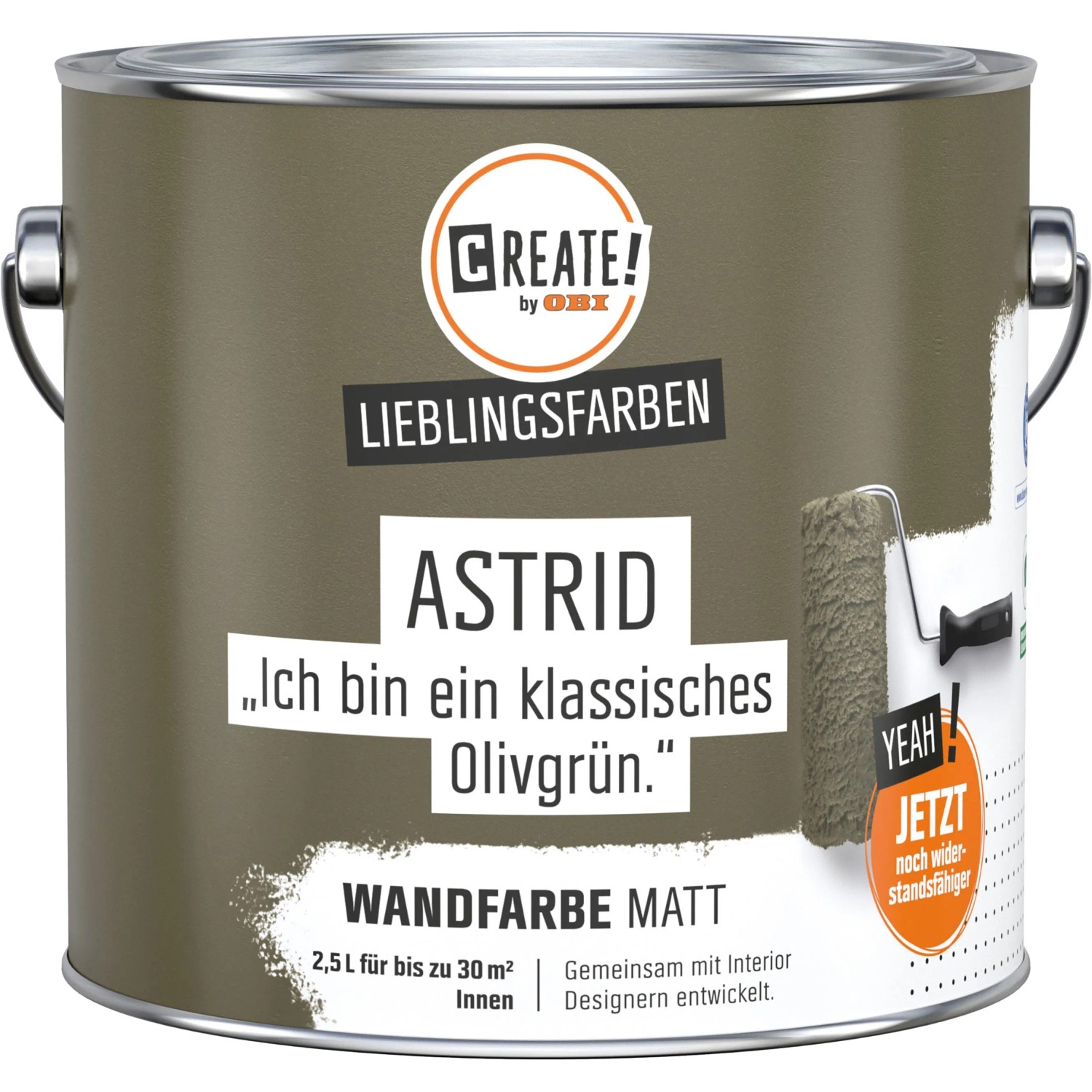 CREATE! by OBI Wandfarbe Astrid Olivgrün, matte Innenfarbe im 2,5 l Eimer.
