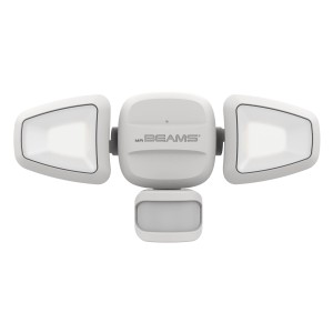 Weißer Mr Beams LED-Außenstrahler MB3200, batteriebetrieben, mit drei verstellbaren Leuchten.