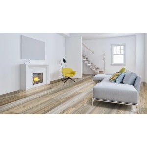 Wohnraum mit Click-Vinylboden Luanda Pinie in Holzoptik, verlegt im Wohnzimmer.