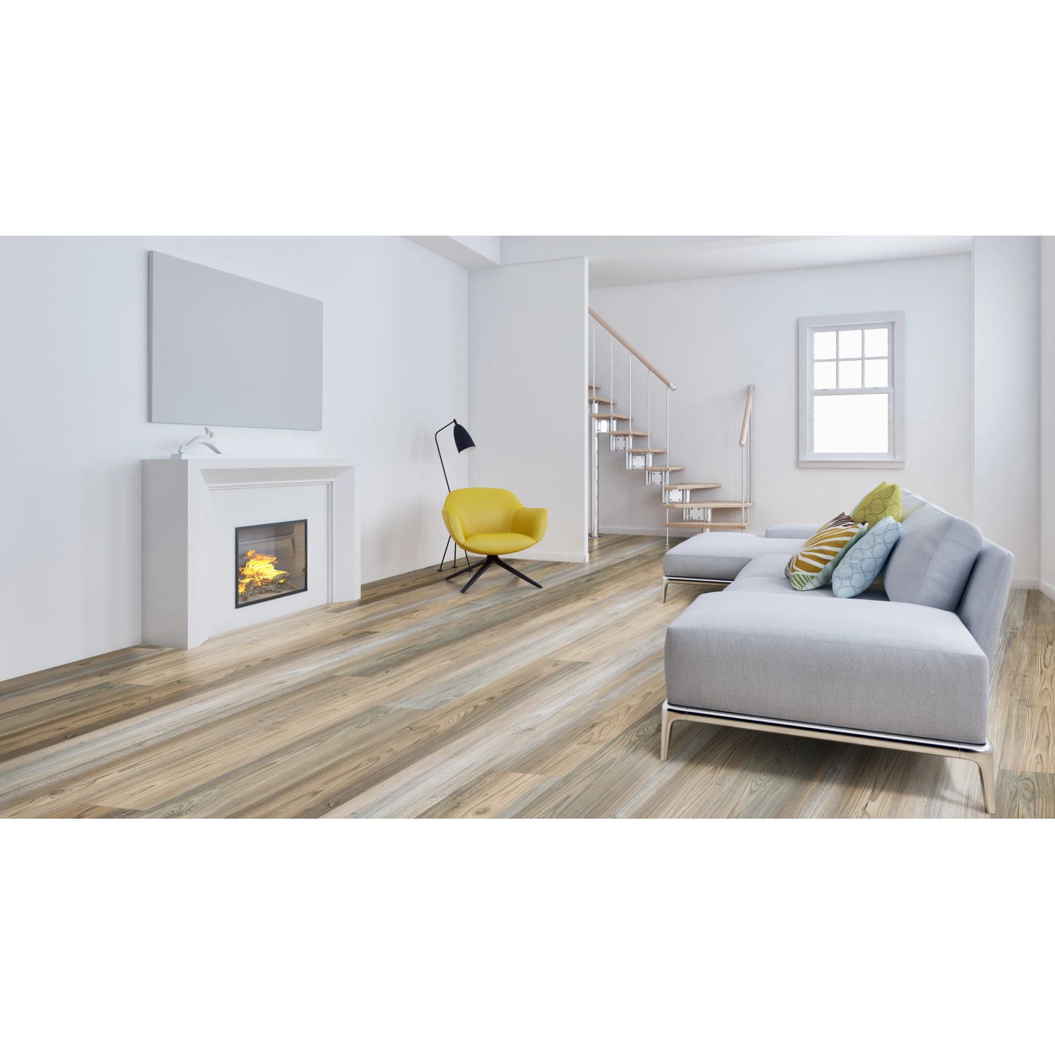 Wohnraum mit Click-Vinylboden Luanda Pinie in Holzoptik, verlegt im Wohnzimmer.