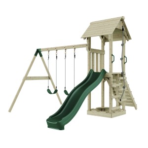 PolarPlay Spielturm Vimmerby mit grüner Rutsche und Schaukeln aus Holz.