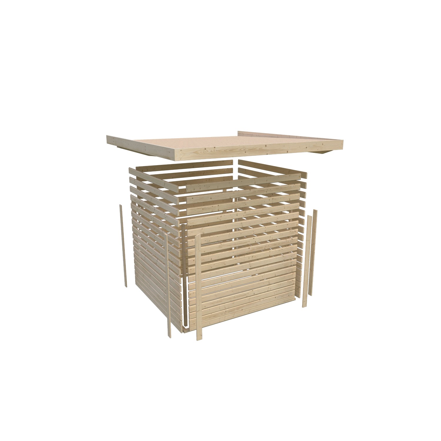 Karibu Gartenhaus Vellinge 2, vorvergraut, im Aufbau: Holzlatten und Dachelemente.