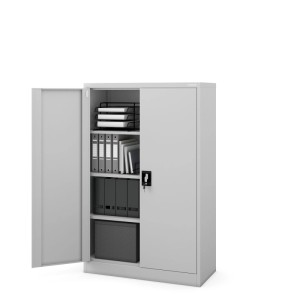 JAN NOWAK Büroschrank KEVIN, 140x90x40 cm, grau, mit geöffneter Tür und Ordnern.