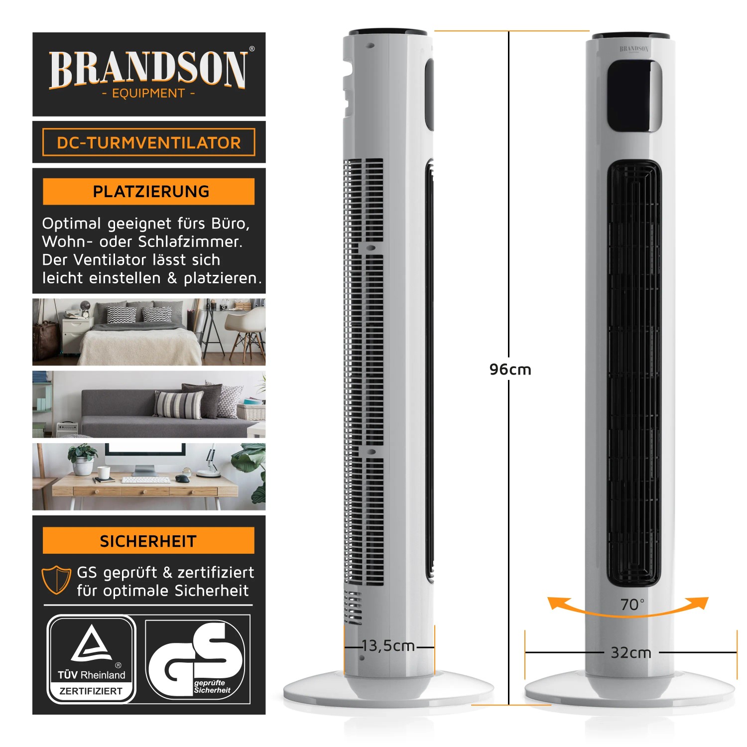 Brandson ECO Turmventilator, weiß, mit DC Motor, 12 Stufen, Timer und Fernbedienung. Leise.