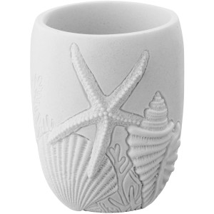 Weißer Wenko Zahnputzbecher Maloto aus Polyresin mit Seestern- und Muschel-Motiv.