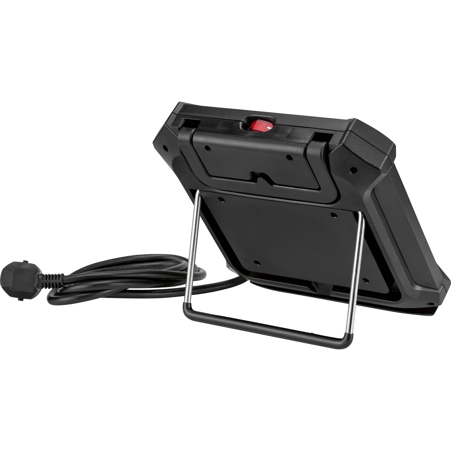 Schwarze Kabeltrommel mit USB, Leuchte und 1,4 m Kabel auf einem Metallständer.