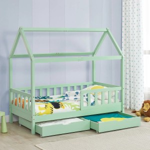 Mintfarbenes Juskys Kinderbett Marli 90x200 mit Bettkasten, Matratze und Lattenrost.