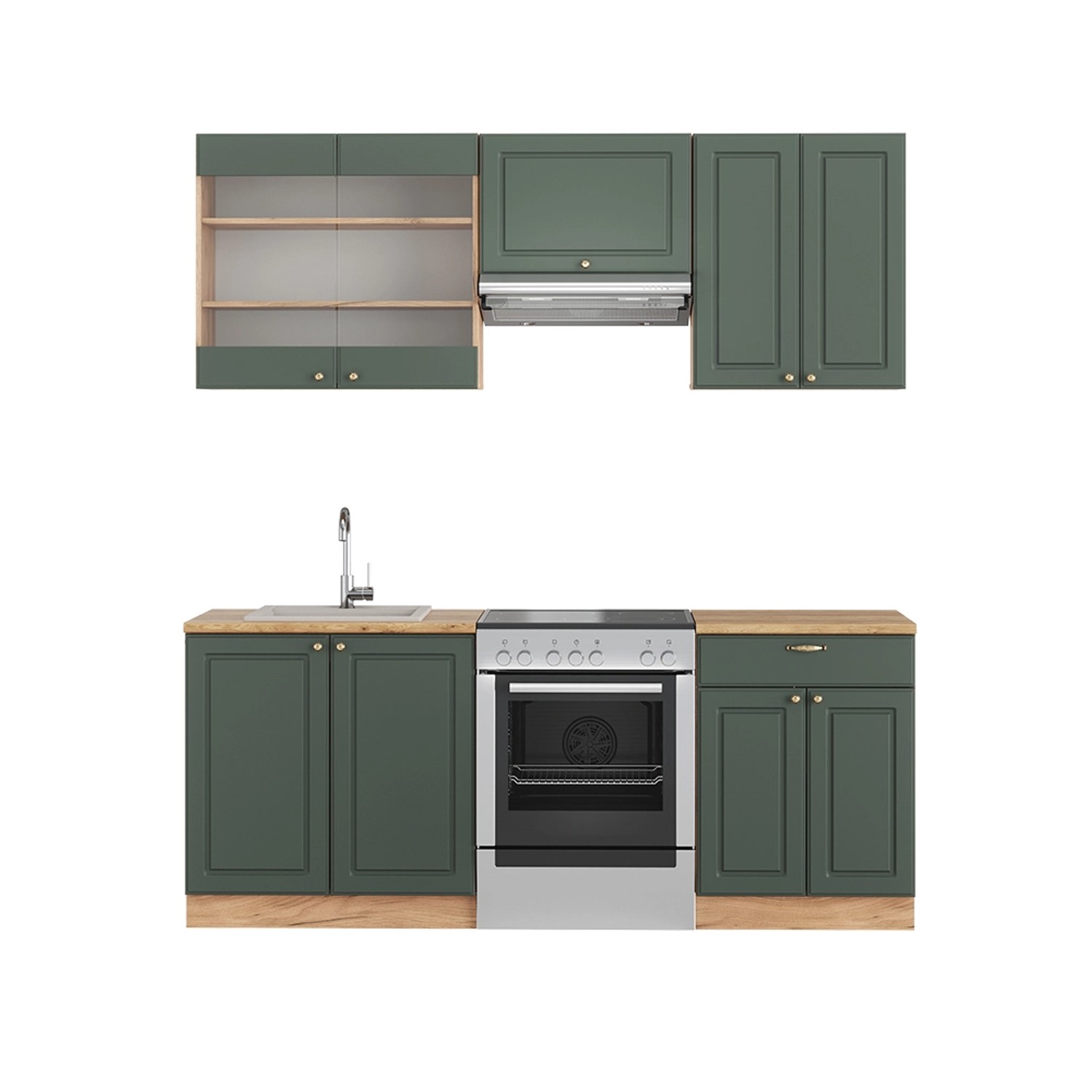 Vicco Fame-Line Küchenzeile Grün-Gold Landhaus/Goldkraft Eiche 200 cm ohne günstig online kaufen