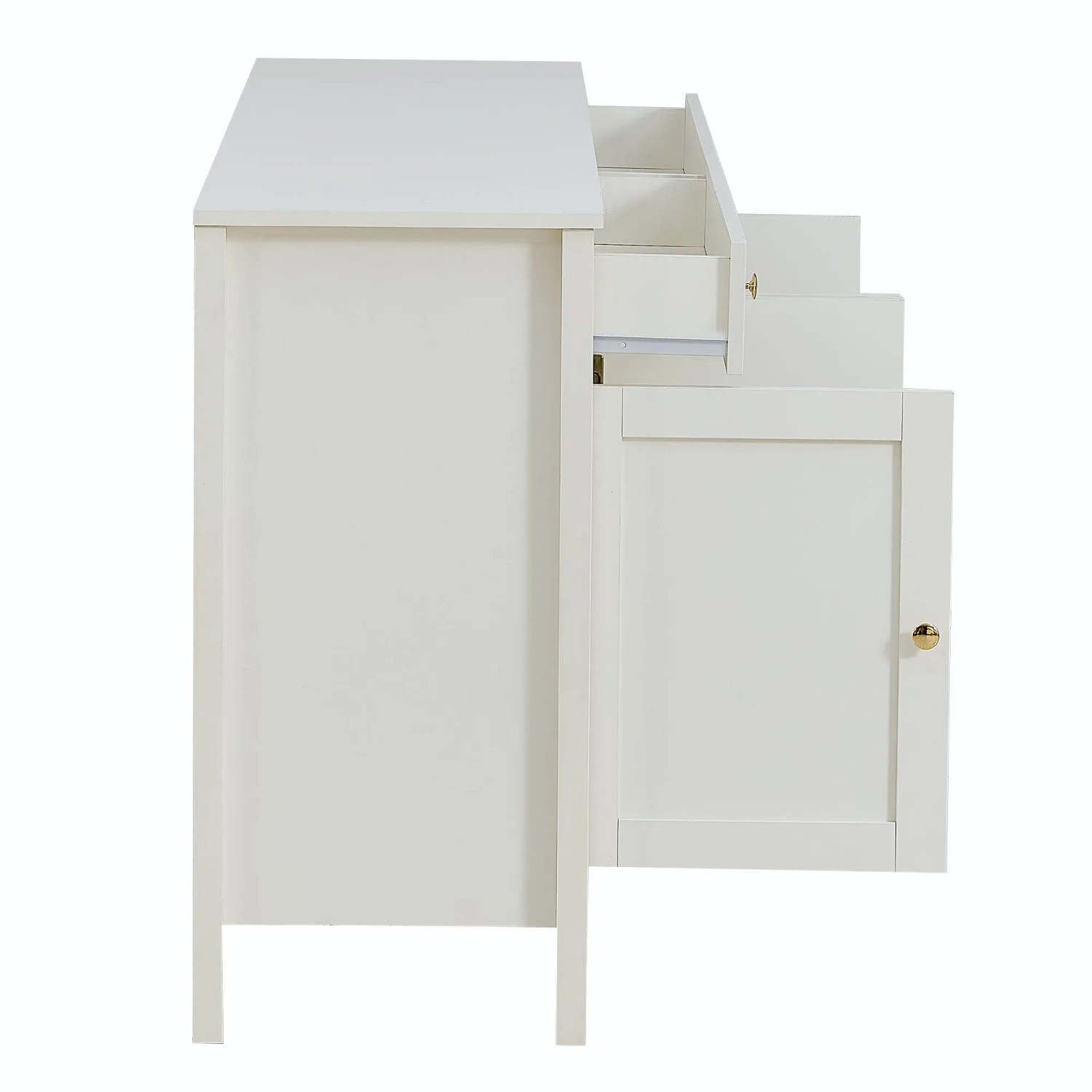 Weißes Merax Sideboard mit offener Schublade und Tür, goldenen Griffen. Moderner Wohnzimmerschrank mit viel Stauraum.