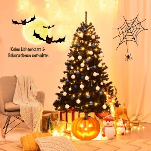 Geschmückter, künstlicher, schwarzer Weihnachtsbaum (180cm) mit Halloween-Deko wie Kürbis und Fledermäusen.