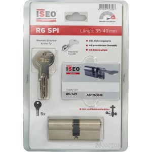 Iseo Profilzylinder R6 SPI 35/40 im Blister mit 5 Schlüsseln, Sicherungskarte und Befestigungsschraube.