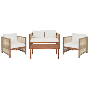 Beliani Lounge Set aus hellem Holz mit beigen Kissen, bestehend aus Sofa, Sesseln und Tisch. Gartenmöbel Set.