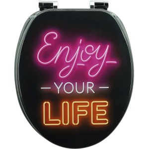 Sanfino WC-Sitz Enjoy Life mit Absenkautomatik, schwarzer Toilettendeckel mit Neonschriftzug.