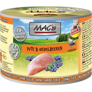 Mac's Katzen-Nassfutter Pute & Heidelbeeren, getreidefrei, hoher Fleischanteil. Dose mit Futter.