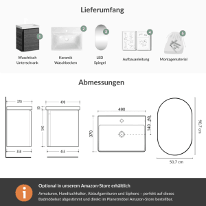 Planetmöbel Badmöbel Set 50 cm Anthrazit mit Keramikwaschbecken Spiegel Soft Close 3 teilig