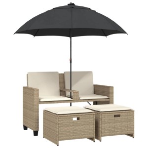 Beiges vidaXL Gartensofa 2-Sitzer mit Sonnenschirm und Hockern aus Polyrattan.