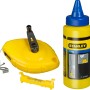 Stanley Schlagschnur-Set mit blauer Kreide, gelbes Gehäuse, Wasserwaage und Kreideflasche.