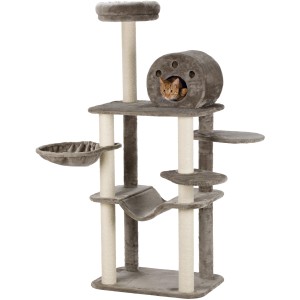 Grauer Trixie Kratzbaum Fabiola, 165 cm hoch, mit Liegeflächen, Höhle und Kratzstämmen.