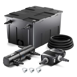 Schwarzes SunSun Teichfilterset: Filterbox, UVC-Klärer, Pumpe, Schlauch und Schellen für klares Teichwasser.