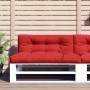 Rotes Palettenkissen-Set aus Stoff auf weißer Palette. Bequeme Sitz- und Rückenkissen für Gartenmöbel.